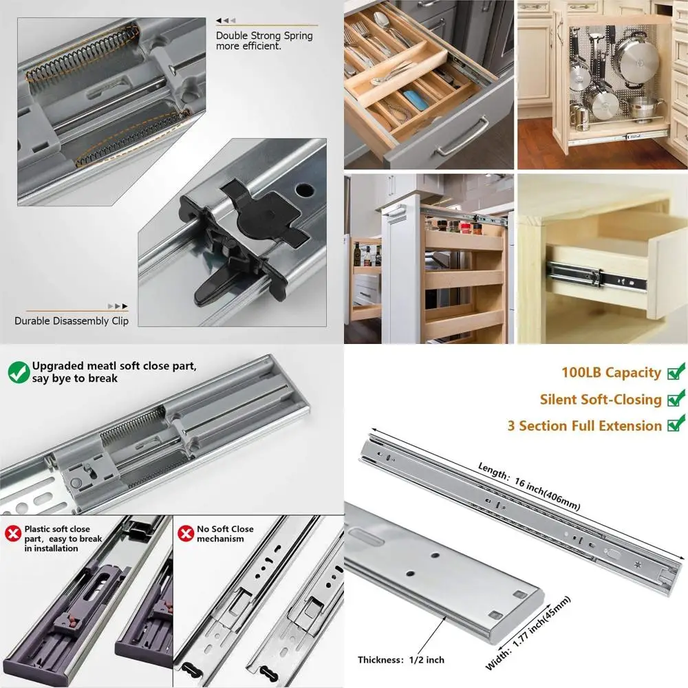 

16-дюймовые усиленные направляющие для кухонных шкафов с шарикоподшипниками, полный выдвижной ход, нагрузка до 100 фунтов