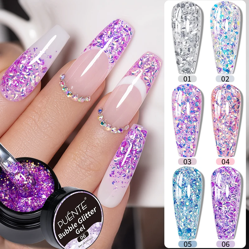 PUENTE 7.5ML Sparkling Colorful Glitter Sequins Gel Nail Polish Pink Blue Purple Bubble Glitter Gel Soak Off UV Nail Art Varnish
