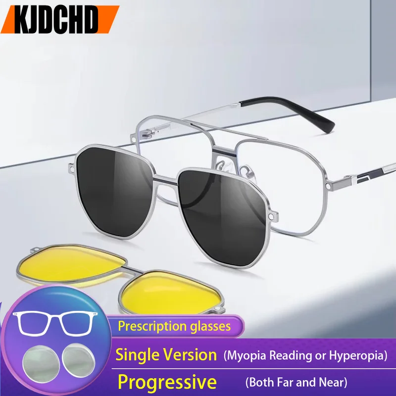 KJDCHD Aluminum Magnesium Customized Prescription Glasses 3-in-1 Polarized Magnetic Suction Cover Sunglasses Men