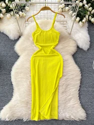 Foamlina yellow dress for women summer sexy spaghetti strap sleeveless slim stretch side split wrapped hip midi dress streetwear