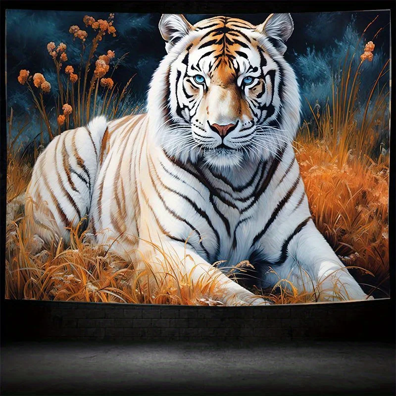 Elegant White Tiger in Golden Grassland Wall Tapestry for Living Room Decor, Featuring a Stunningly Detailed Portrait