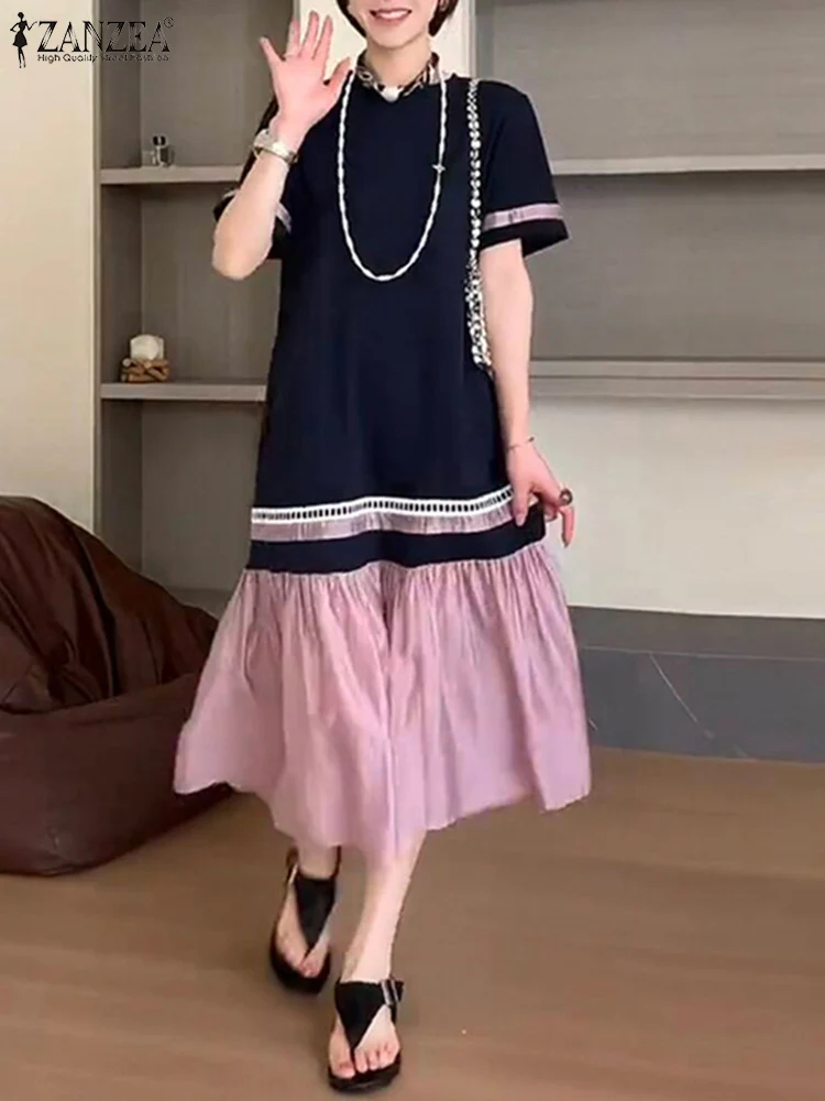 ZANZEA Zarif Kadın Kısa Kollu Ruffles Hem Midi Sundress yaz elbisesi Moda Rahat Tatil Parti vestidos Boy Kaftan