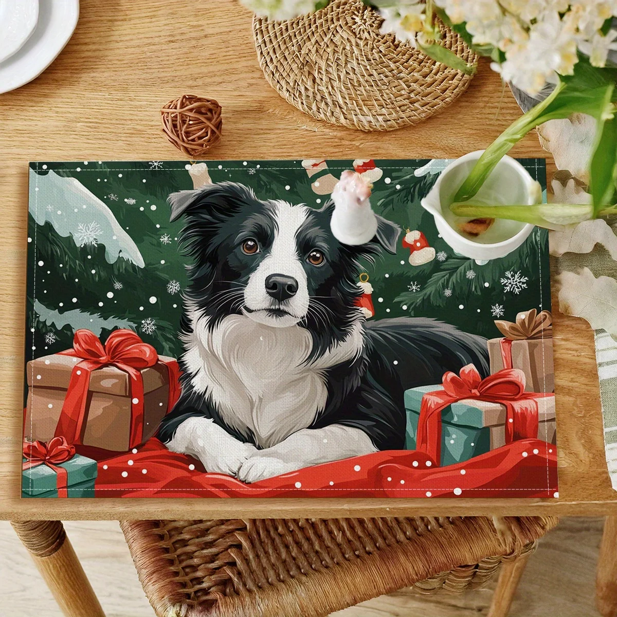 4pcs Placemats, Christmas Theme Border Collie Gift with Snowflakes and Socks Tree Design Polyester Fabric, Digital Print