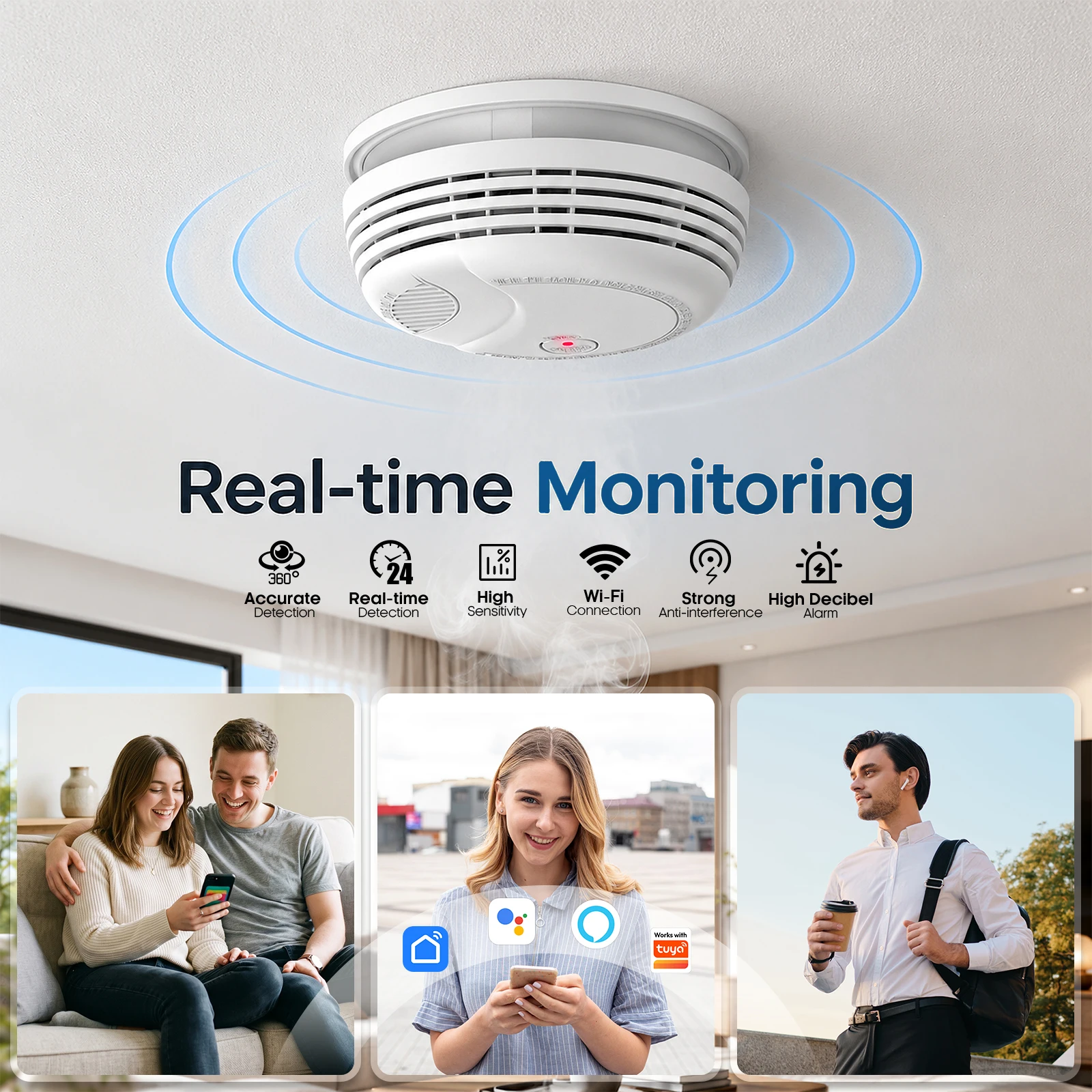 Tuya WiFi Smoke Detector 10-Year Sensor Lifespan Smart Fire Alarm Monitor Sound Alert Home Security APP Remote Control
