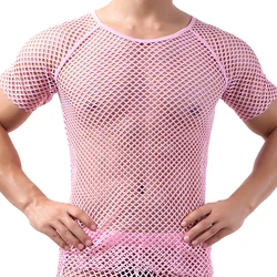 New Men Mesh Sheer T-shirt Training Fish Net Tops Short Sleeves See Through O-Neck Singlet Tees