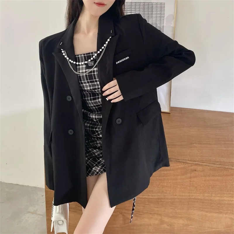 

Real Shot Early Autumn New Korean British Style Loose Black Chain Street Suit Jacket Women Female Office Lady High Quality Top