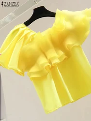 ZANZEA Women Summer Blouse Casual Loose Asymmetrical Ruffle Stitching Tops 2025 Short Sleeve Shirts Fashion Solid Color Tunics