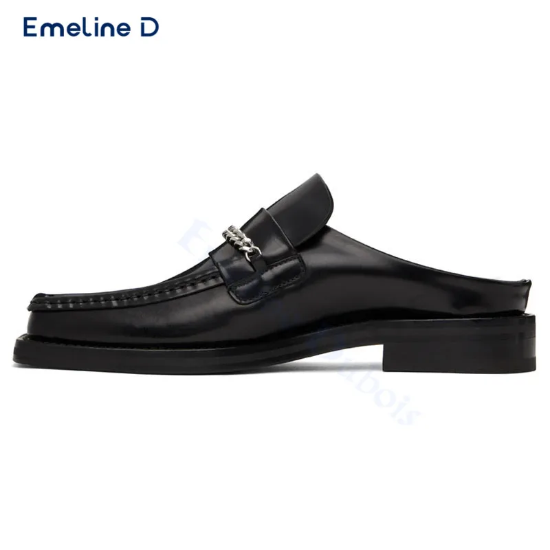 

Hardware Chain Square Toe Slippers Black Slip-On Leather Mule Casual Shoes Fashionable Trendy Personality Men's Shoes