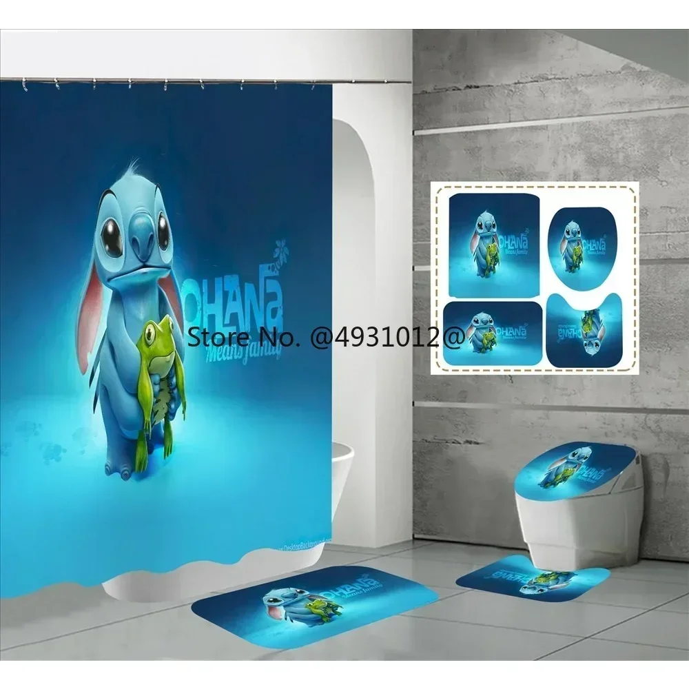 Disney Lovely Lilo Stitch Shower Curtains Set 4pcs Waterproof Bathroom Pedestal Rug Lid Toilet Cover Bath Mat Kids Gift