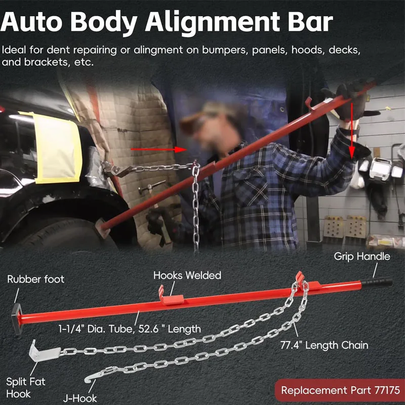 77175 Auto Body Dent Repair / Alignment Bar Tool with Chain for Bumper Hood Panel Deck & Bracket - Length 52.6 Inch