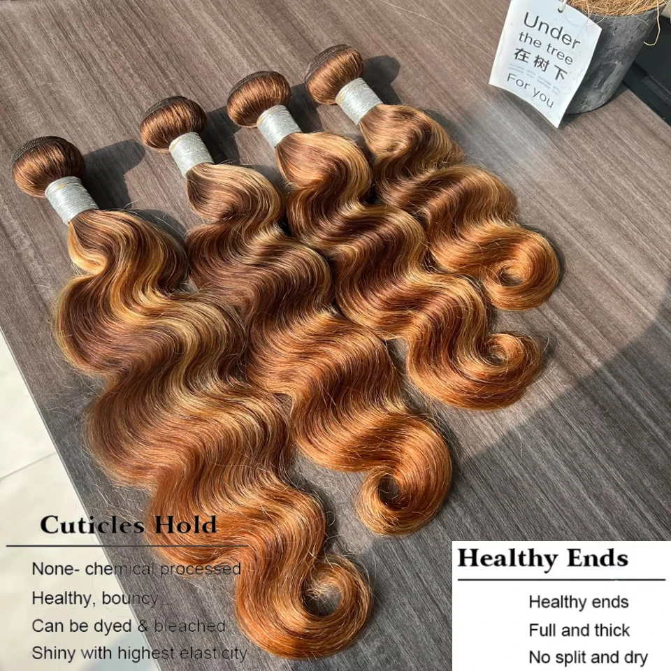 P4/27 Body Wave Honey Brown Highlight Ombre Colored Raw Human Hair Bundles 10-30 inch Brown Hair Weave Extensions Honey Blonde Highlight Body Wave Human Hair Bundles P4/27 Brazlian Hair Weave Colored  image 5