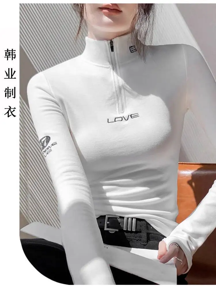 Women Base Layer 2025 Autumn Winter New Women's Half High Neck T Shirt Zipper Long Sleeve Sweatshirt Slim Fit Layering Top