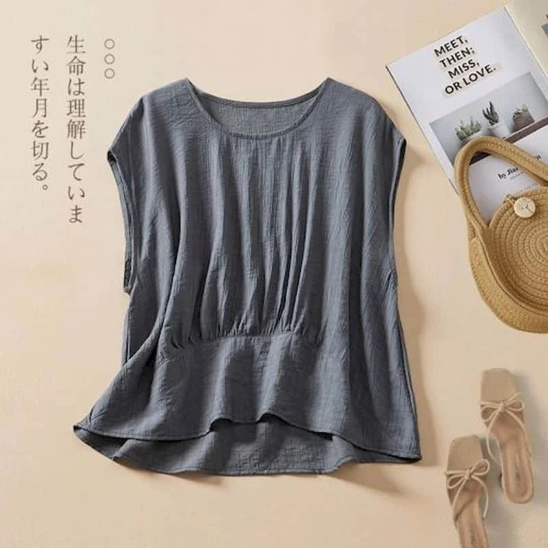 Cotton Linen Vests for Women Summer Minimalism Korean Style Casual Loose Elegant Tanks O-neck Sleeveless T-shirts Women Clothing