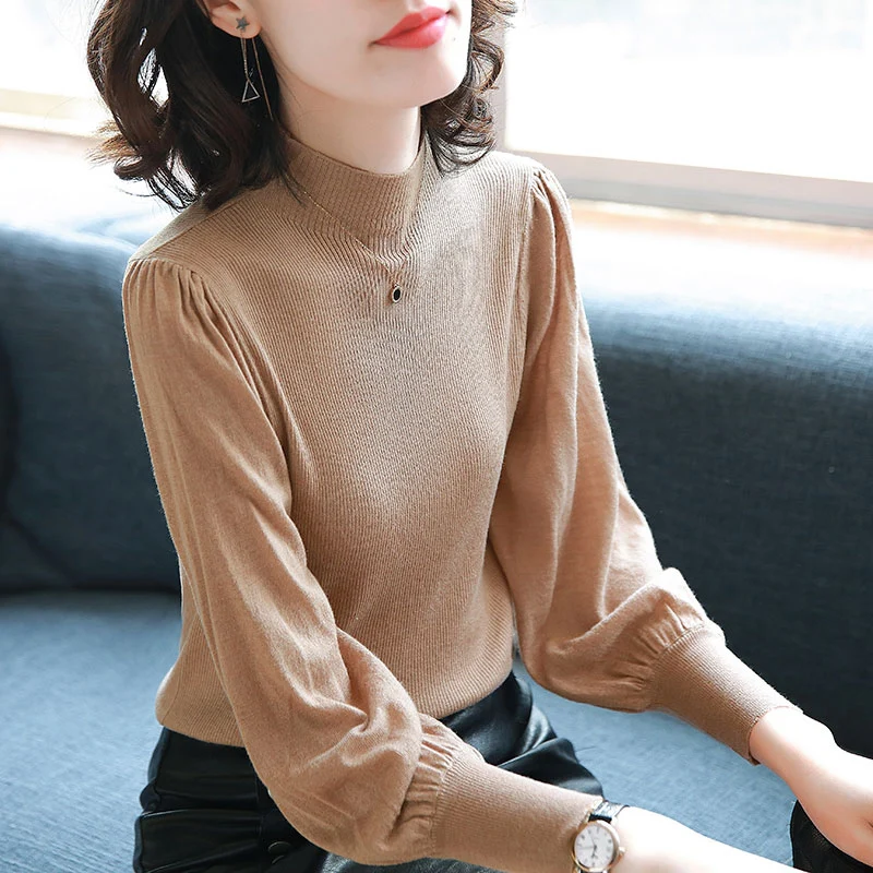 

Высокий вязаный свитер с длинными рукавами, повседневный свободный крой, цветной топ, удобный осенне-зимний женский модный топ