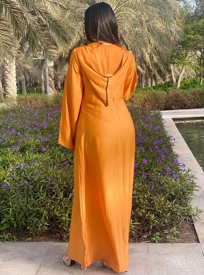 Muslim Long Dresses for Women, Hooded Abaya, O-Neck, Rhinestone Decoration, Regular Sleeve, Kaftan Loose Straight Skirt