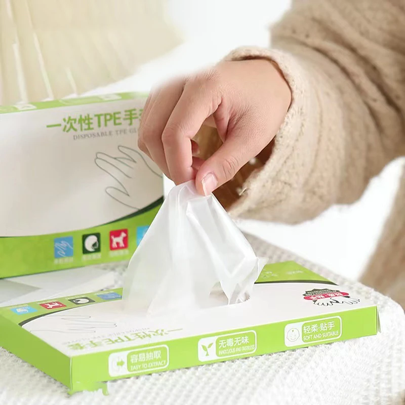 100pcs/box Latex Free Gloves TPE Disposable Gloves Transparent Non-Slip Acid Work Safety Food Grade Household Cleaning Gloves