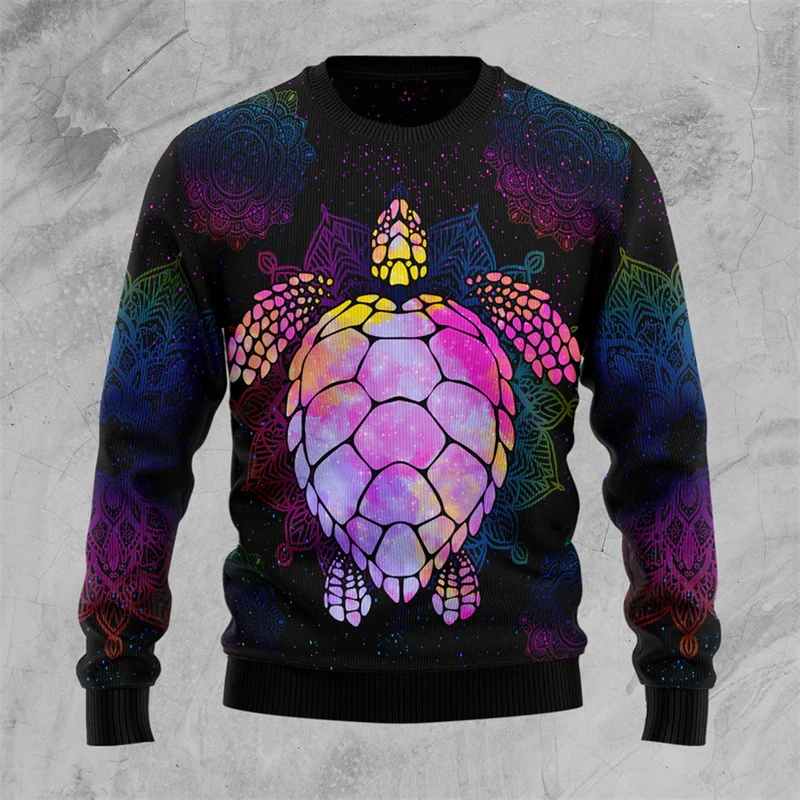 Fashion Turtle Graphic Ugly Christmas Sweater For Men Trendy Retro 3D Printed Xmas Sweatshirts Casual Holiday Wear Pullovers