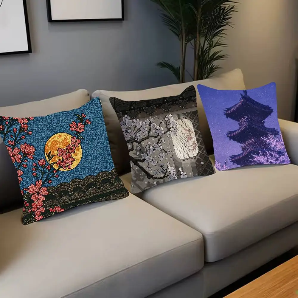 Japanese Ukiyo-e Throw Pillow Cover, Mount Fuji Cherry Blossom Pagoda Full Moon Print, Decor Cushion Case Bedroom Home Decor
