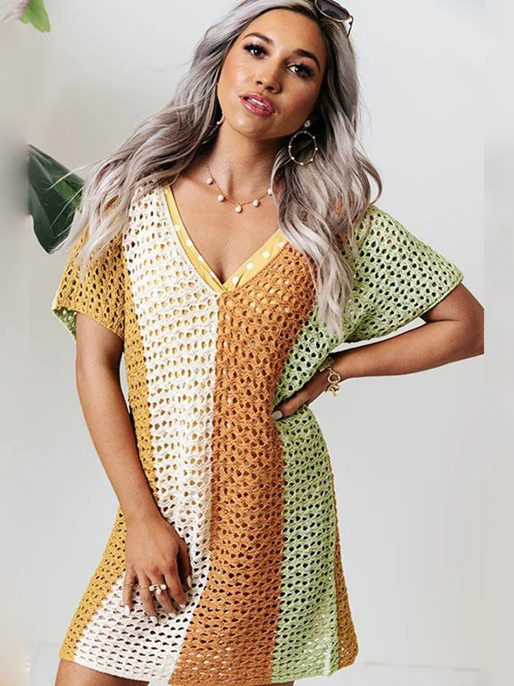 ใหม่ Contrast สีบิกินี่ COVER-UPS ผู้หญิงลึก V คอ Beach COVER UP ฤดูร้อนแขนสั้น 2025 แฟชั่นหญิง Beachwear