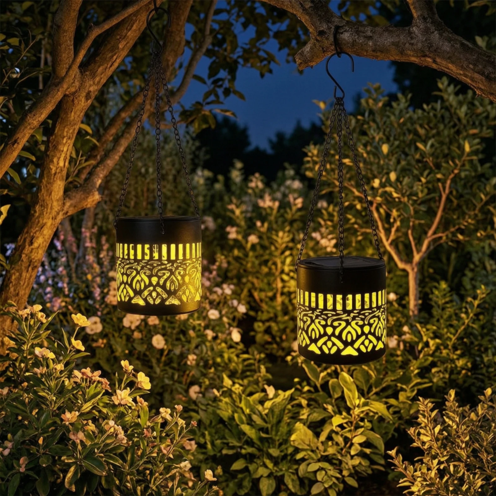 Metal Lantern with Cutout Pattern Waterproof Solar Lantern with Chain for Garden, Patio
