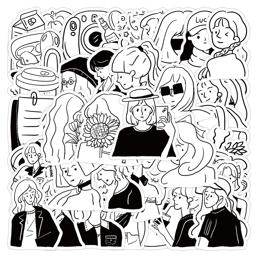 60PCS Black and White Girls Daily Life Graffiti Stickers For Luggage Phone Case Laptop Notebook Decals Peel Joy Sticker Store
