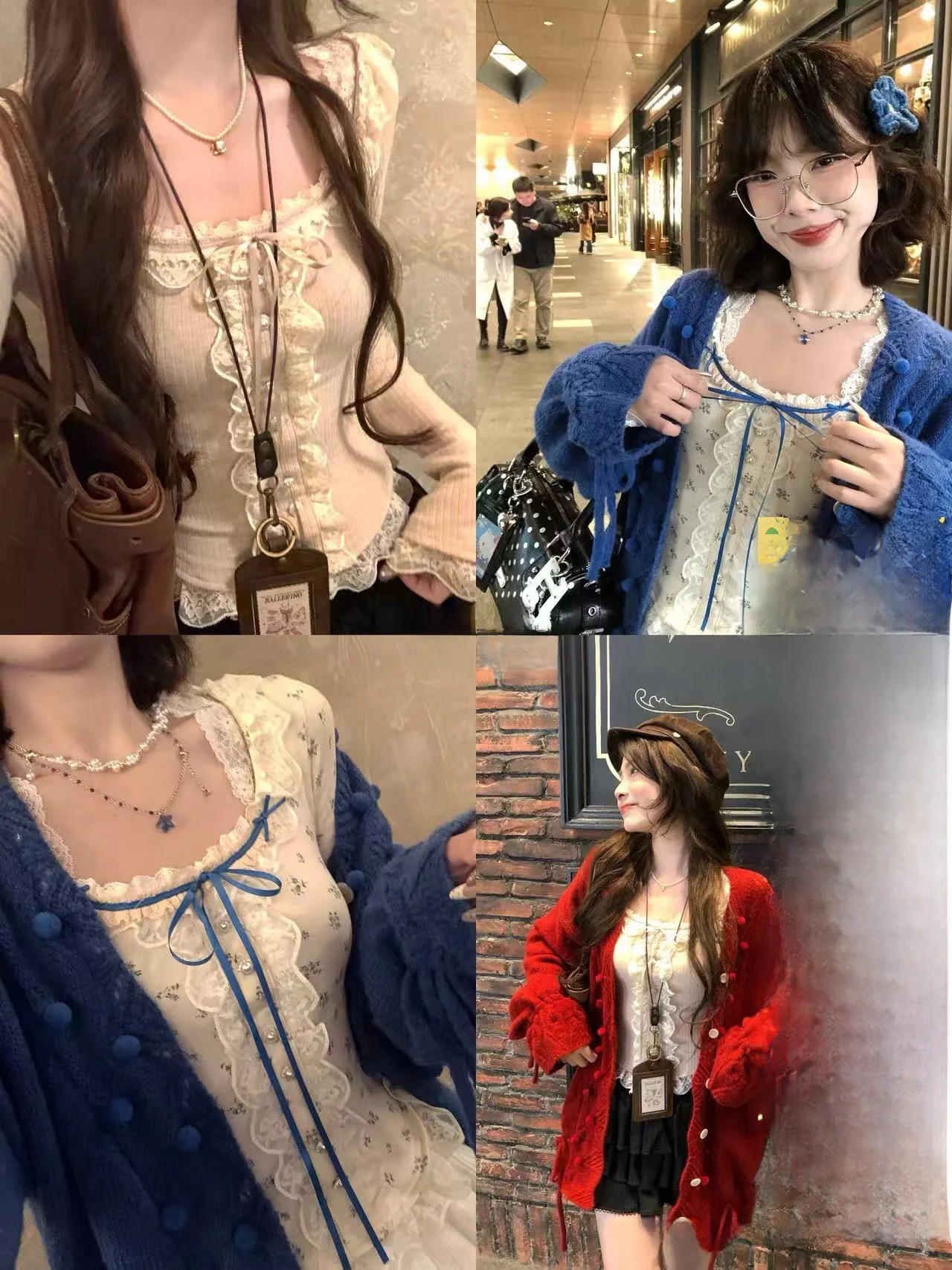 

Blueberry Cheese Long Sve Inner Wear Top with Wood ain And Small Flower Print Lace Knot for Girls