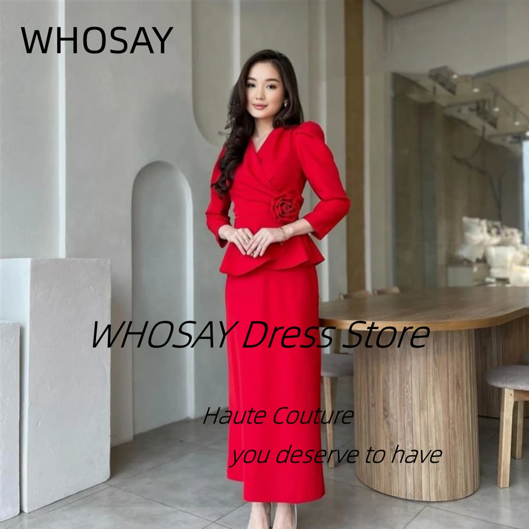 WHOSAY Czerwone suknie wieczorowe V Neck Flower Sash Vestidos De Fiesta Długie rękawy Przyjęcie urodzinowe Suknie wieczorowe Sheath