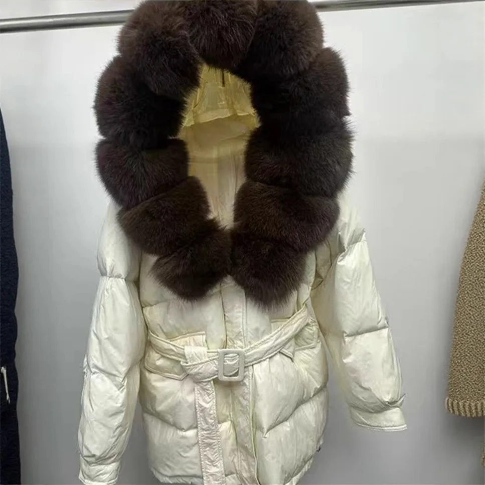 الشتاء الثعلب الفراء طوق أسفل سترة المرأة منتصف طول الأبيض بطة أسفل رشاقته معاطف الشتاء الطبيعي كبير الفراء طوق أسفل سترة #5