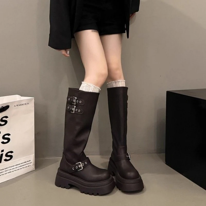 Women Chunky Platform Knee High Boots Smooth Matte Elastic Cross Strap Lug Sole Round Toe Goth Motorcycle Shoes Retro view 2