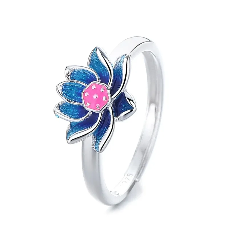 

Real Solid 925 Sterling Silver Band Women Lucky Enamel Lotus Flower Ring 2.7g