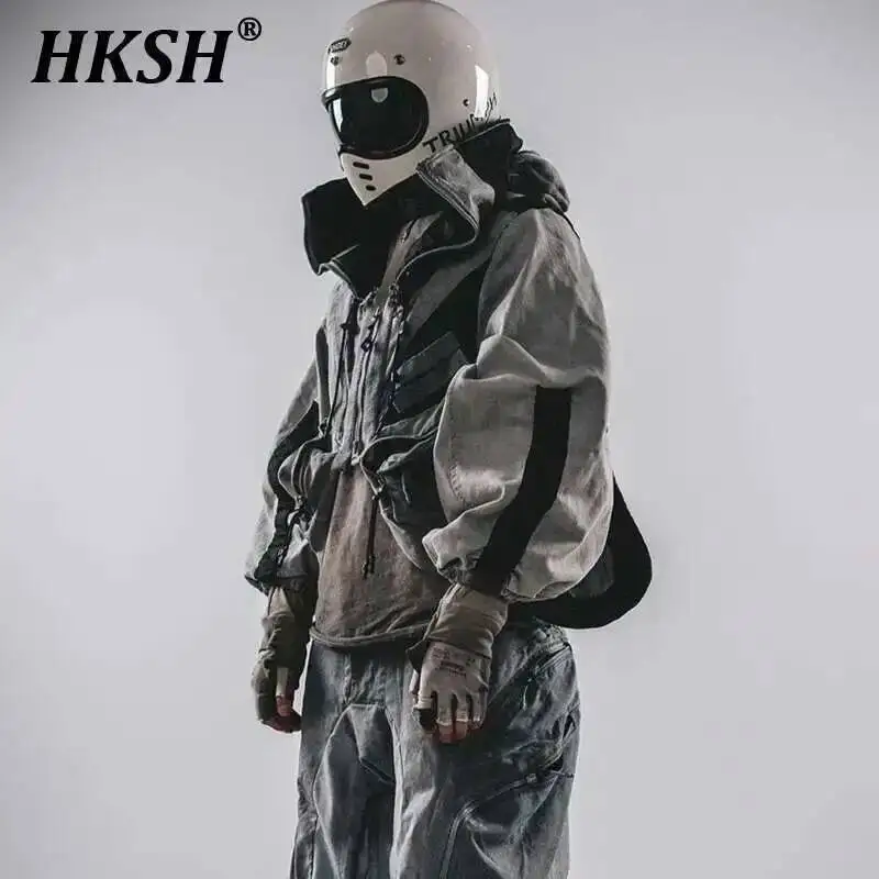 

HKSH Autumn Winter New Men's Tide Punk Storage Mesh Cap Folded Design Coats Short Pockets Techwear Deconstruction Jackets HK2390