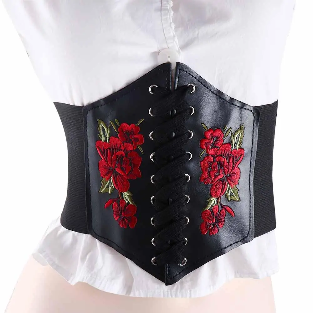 Punk Goth Dress Ornament Embroidery PU Leather Slimming Women Belt Female Dress Cummerbunds Waistband Waist Corset