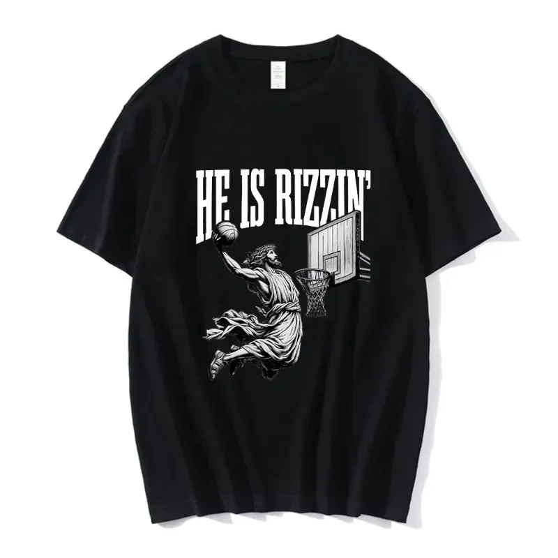 Funny Baskerball Jesus Meme T Shirt Humor He Is Rizzin Christian Easter T-shirt  Casual Oversized T-shirts Streetwear