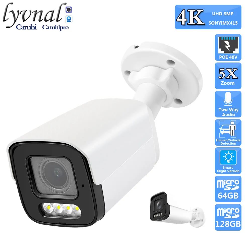 4K 8MP SONY415 Security Surveillance Bullet IP Camera POE 2.7-13.5MM 5X Auto Zoom Two Way Audio Outdoor IR&Color Night Version