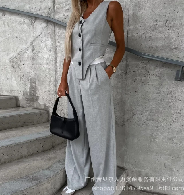 

Asymmetric Button Design for Women's Clothing, Short Vest Pleated High Waisted Pants, Solid Color Summer Casual Fashion Set