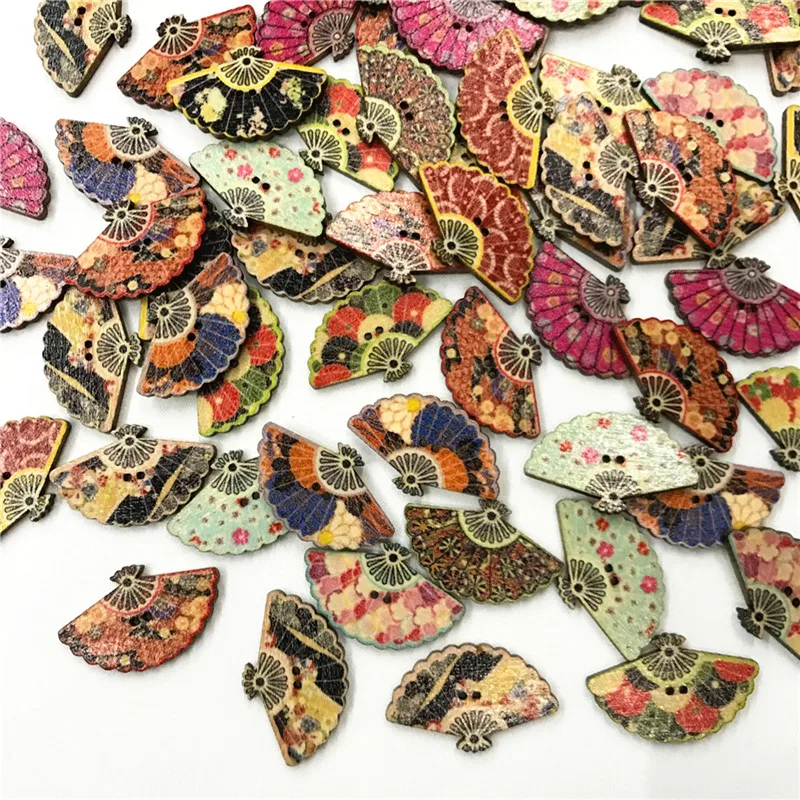 50PCS Mixed Wooden Sewing Buttons Scrapbooking Fan Mixed Two Holes Retro Crafts Home Decor Accessories DIY 30MM Craft Buttons