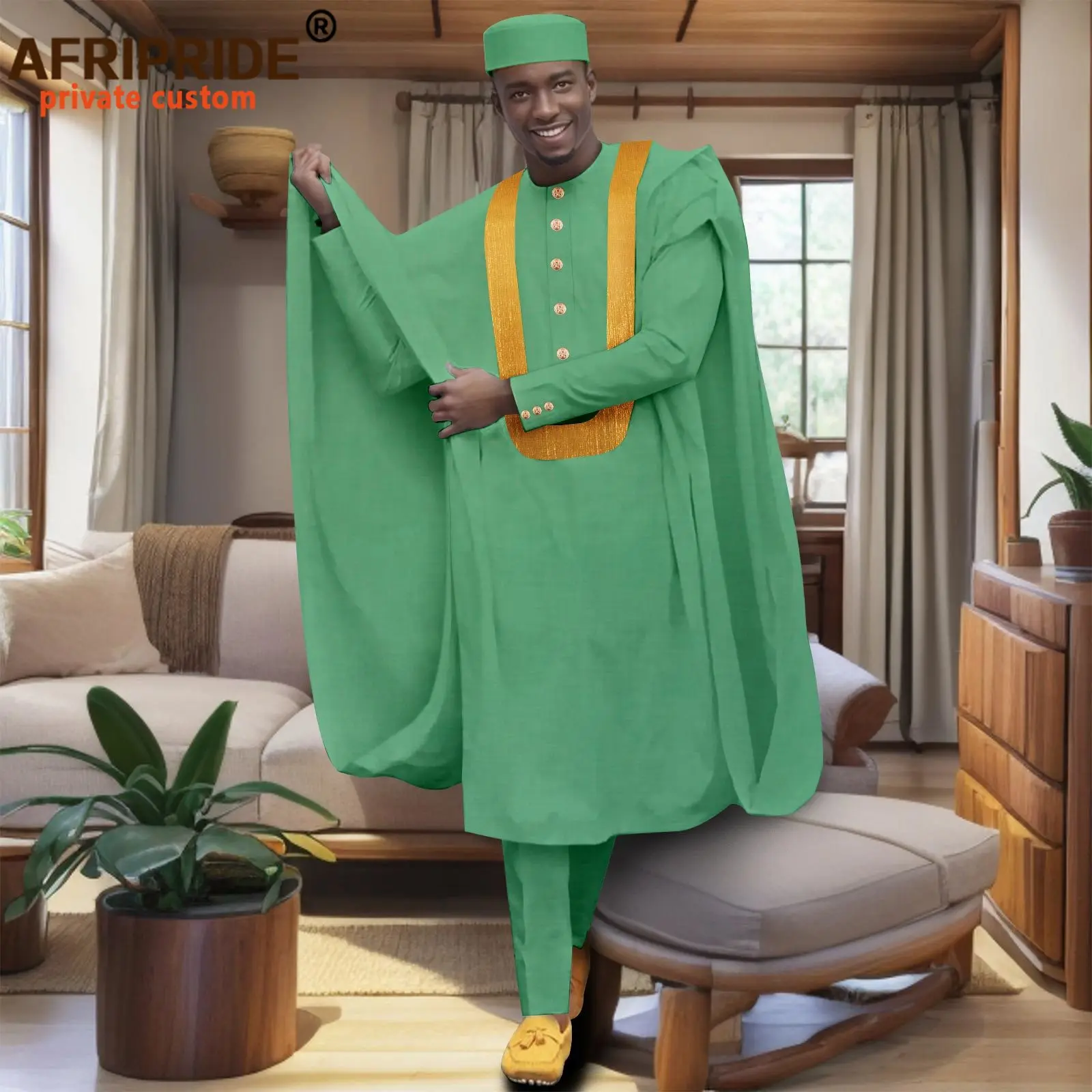 African Men Traditional Clothing Embroidery Single Breasted Agbada Robe Shirts Pants and Hats 4 Piece Set Tribal Outftis 2516008