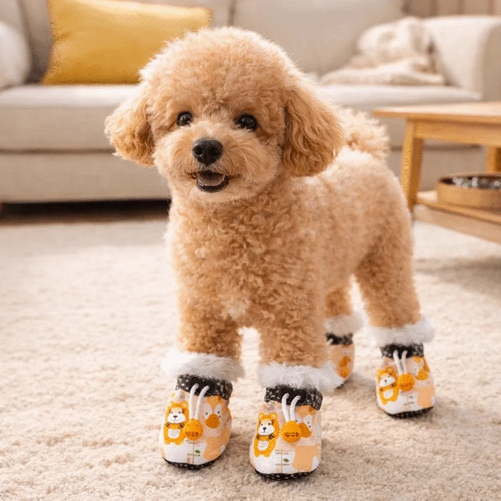 

4 pieces/set Waterproof Dog Snow Boots Soft-Sole Adjustable Anti Slip Shoes Thickened Cotton Cartoon Winter Dogs Boots Walking