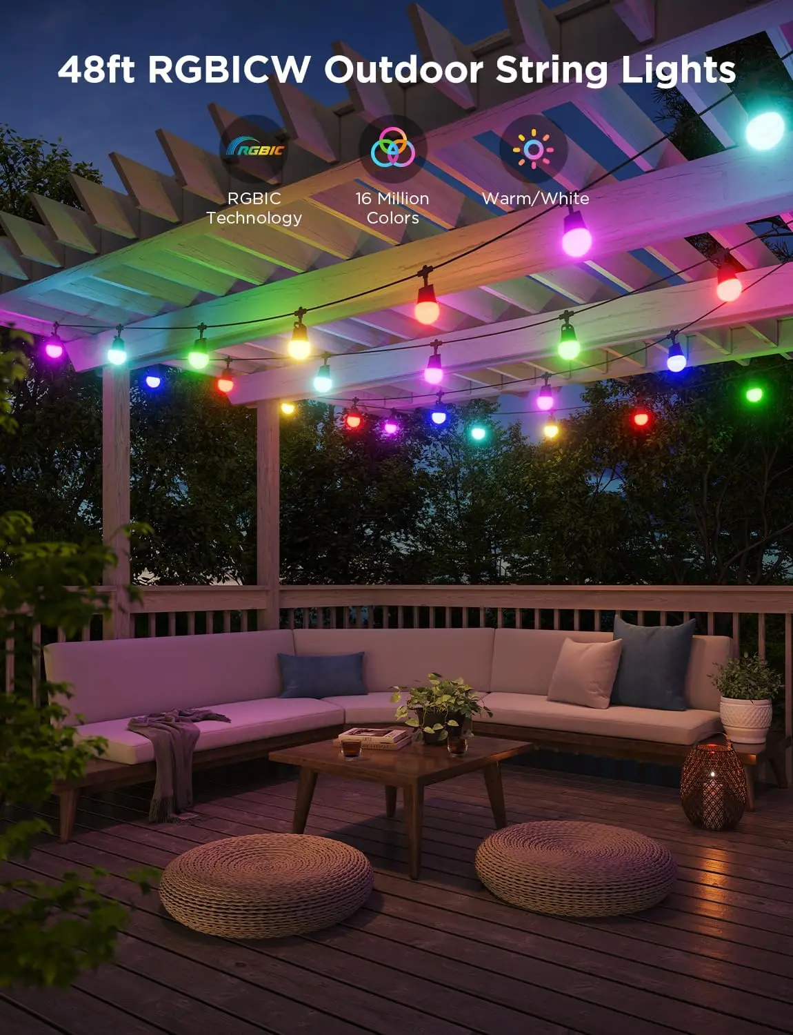 Bistro Lights LED Solar Powered 48FT Waterproof, Shatterproof, Commercial Grade Backyard Patio Soft White