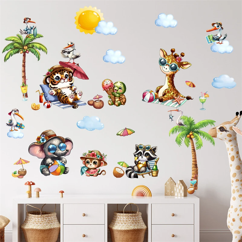Summer Jungle Animals Wall Sticker Cute Tiger Giraffe Elephant Pattern Palm Tree Mural Art Kids Room Background Home Decoration