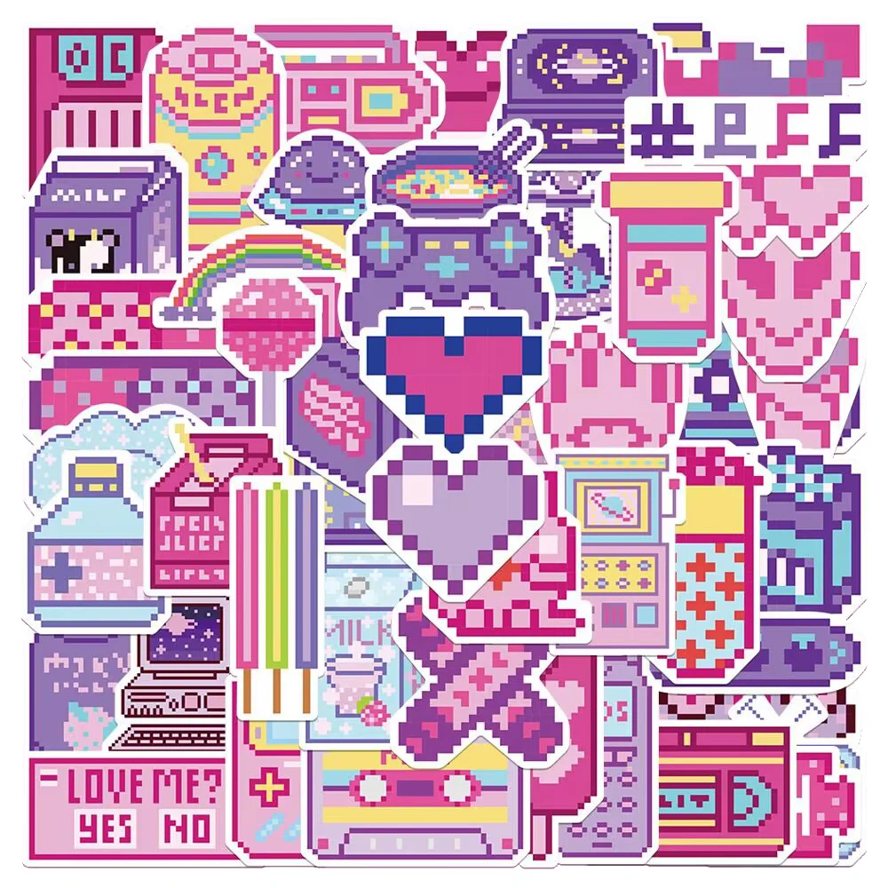 Autocollants mignons de bande dessinée de pixel rose, décalcomanies, ordinateur portable, bagage, téléphone, scrapbooking, JECar, décoration, enfant, jouet, cadeaux, 50pcs