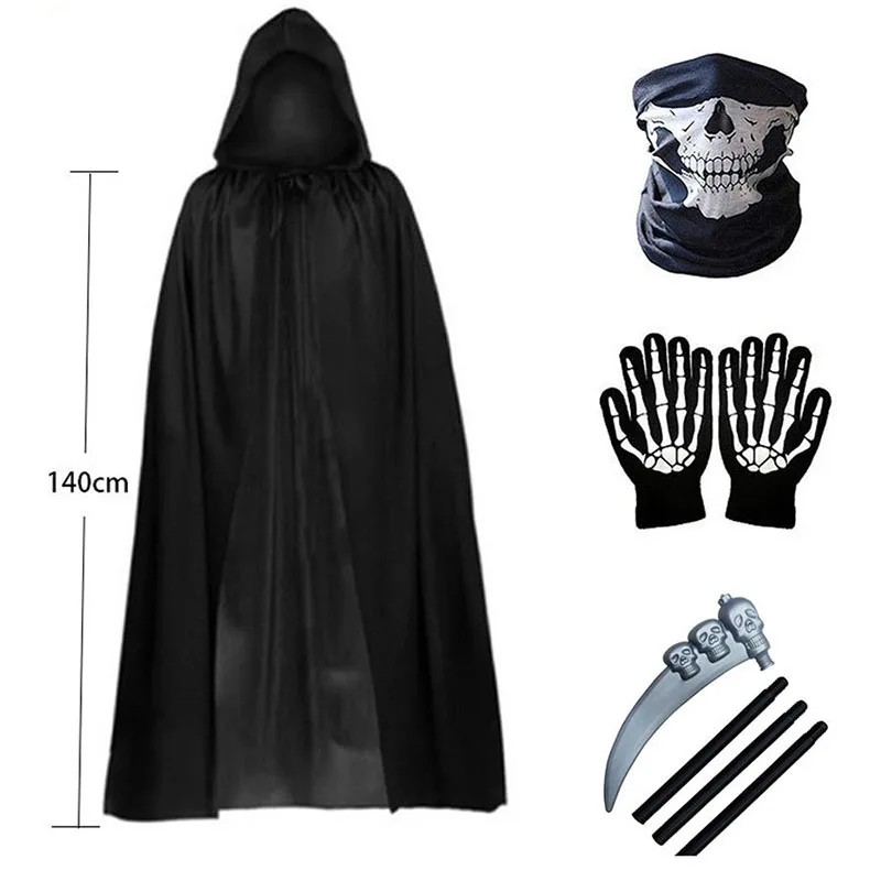Halloween Grim Reaper Costume Death Cloak Scary Skeleton Mask Gloves Scythe Cosplay Party Props Men Women Festival Accessories