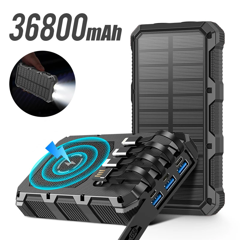 36800mAh Solar Power Bank with 4 Cables LED Light Fast Wireless Charger Powerbank for iPhone 16 15 Samsung S24 Xiaomi Poverbank