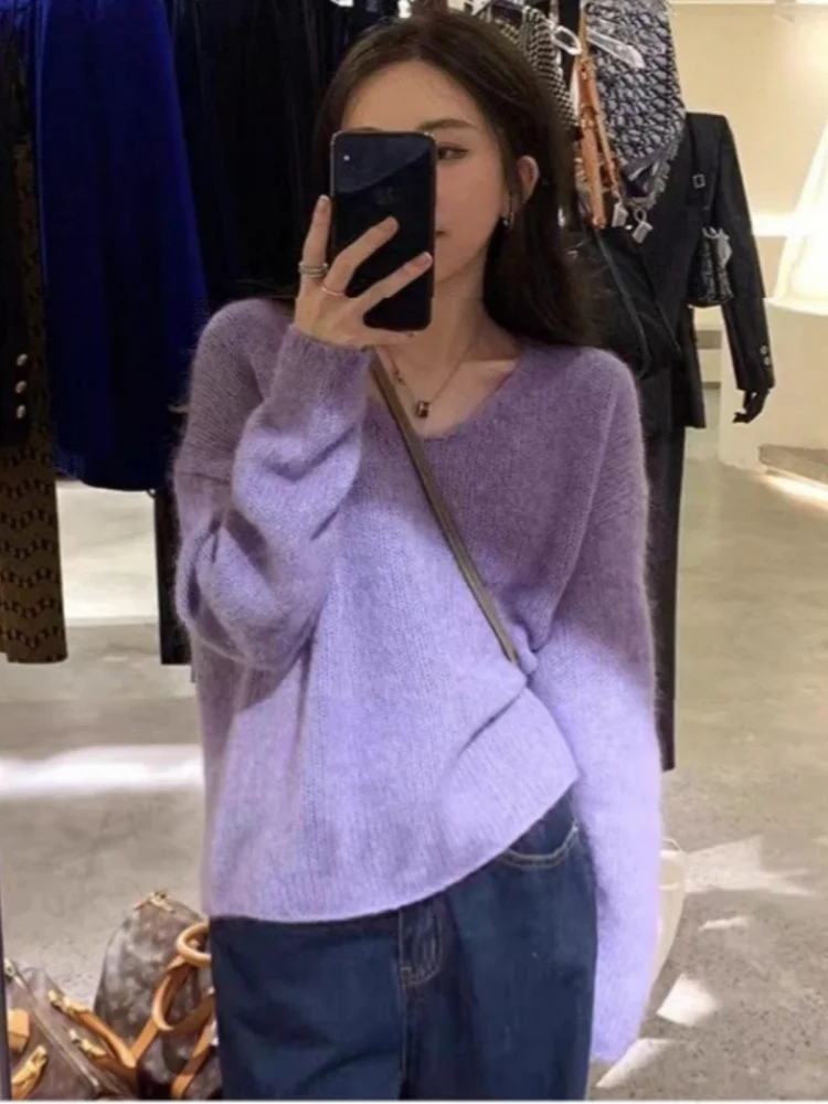 

Новый свитер из 100% чистого кашемира на осень и зиму, женский свободный вязаный свитер с v-образным вырезом и ленивым ветром, нижняя рубашка