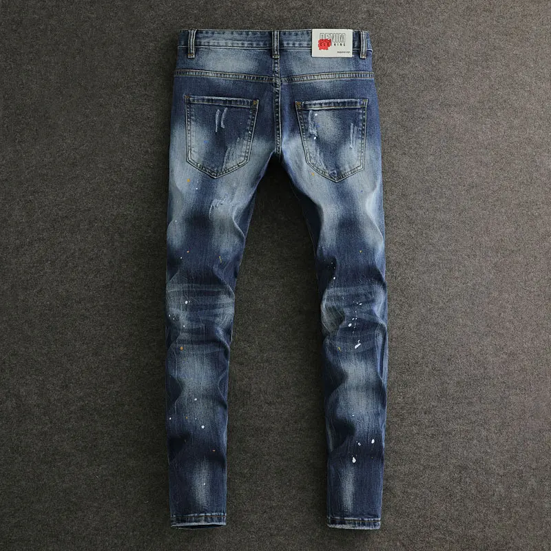 Y2KRetro Blue Slim Fit Men's Jeans Fashionable Ripped Pencil Pants Hip-Hop Designer Denim Y2K Style Plastic Painted Detail