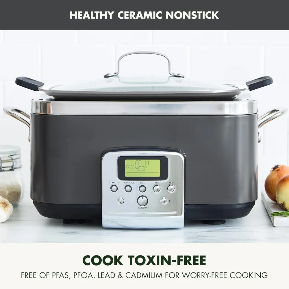 8-in-1 programmable 6QT electric slow stew pot, dishwasher safety cover and detachable tile can, healthy ceramic without PFAS