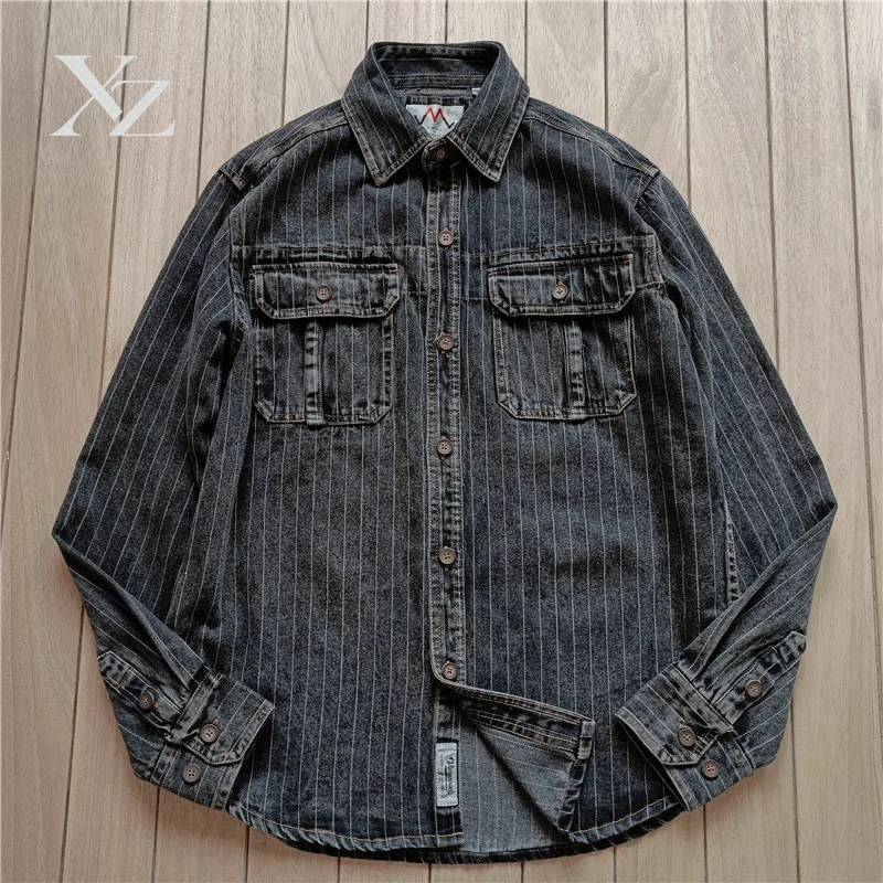 Heavy Duty Washed Vintage Cotton Denim Shirt Men's Casual American Style Autumn Winter Striped Workwear Long Sleeve Shirt