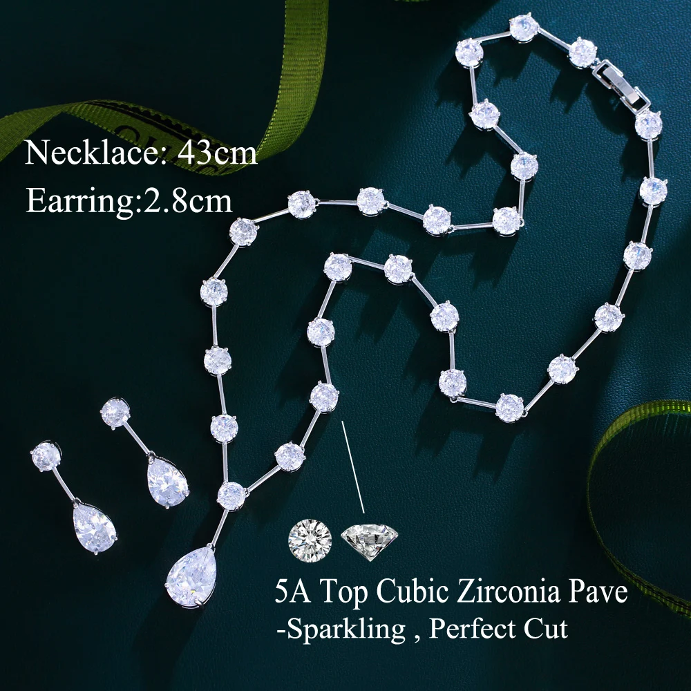 CWWZircons Sparkling White Cubic Zirconia Dangle Water Drop Women Wedding Party Necklace and Earrings Bridal Jewelry Sets T745