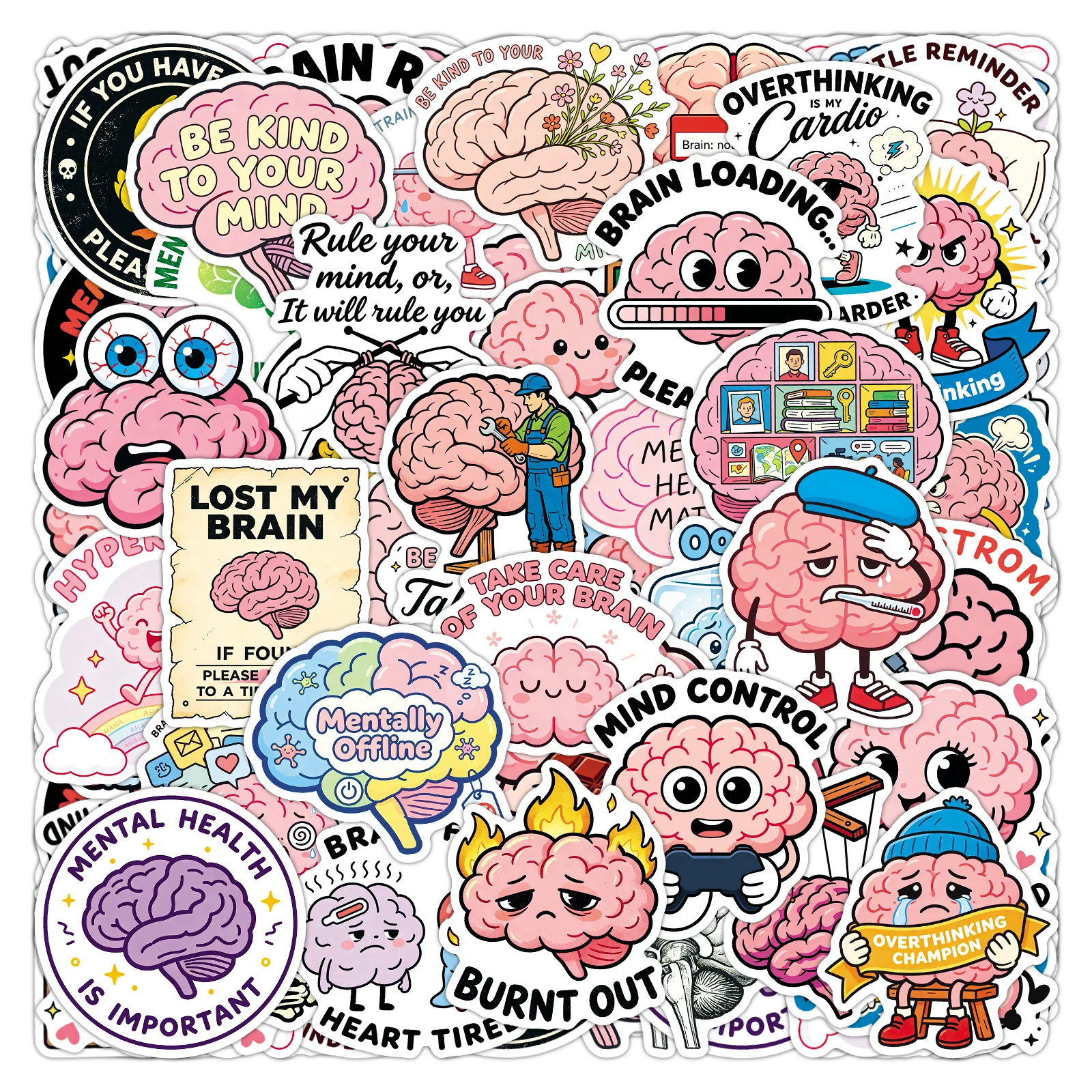 50Pcs Cute Ins Hot Funny Brains Waterproof Sticker Skateboarding Retro Home Decal Sticker