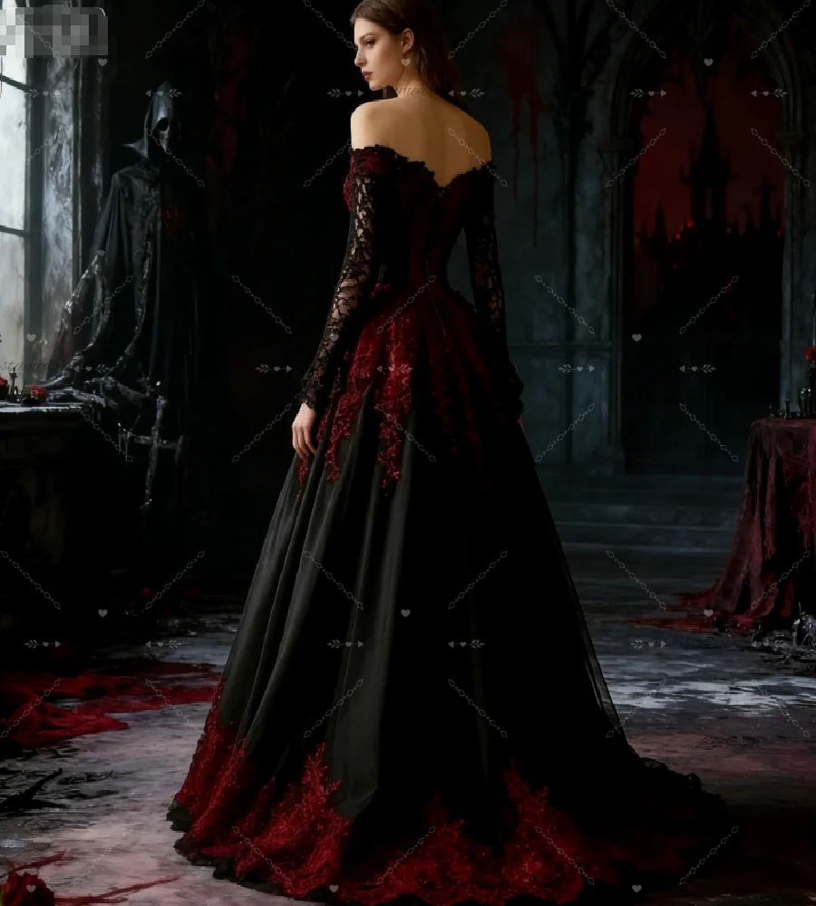 Enchanted Forest Black And Red Wedding Dress 2026 Off Shoulder Long Sleeve Gothic Bridal Dresses Appliques Lace Halloween 2026